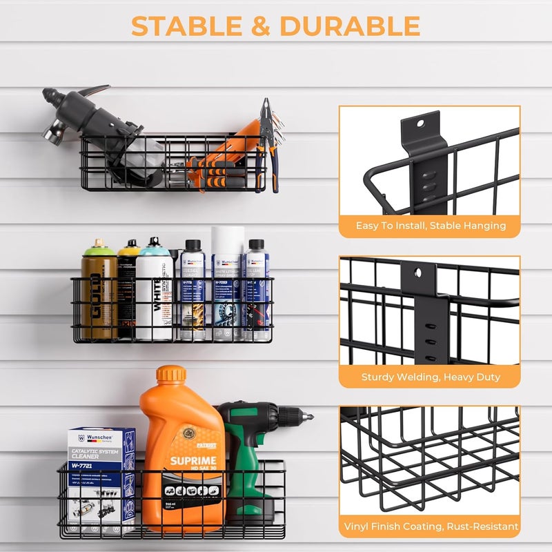 INCLY 27PCS Slatwall Accessories Kit, Includes 3 Pack Ventilated Metal Wire Slat Wall Baskets, Multisized Heavy Duty Slatwall Hooks and Storage Strap for Room Workshop Garage Organization - Image 4